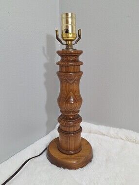 Vintage Mid Century Modern Turned Wood 14 Inch Table Lamp Farmhouse Rustic Boho
